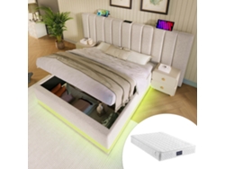 Cama Doble 160x200cm Lino, Led App, Usb-c, Almacenamiento Hidráulico, Base De Listones Incluida, Robusta 200kg, Beige