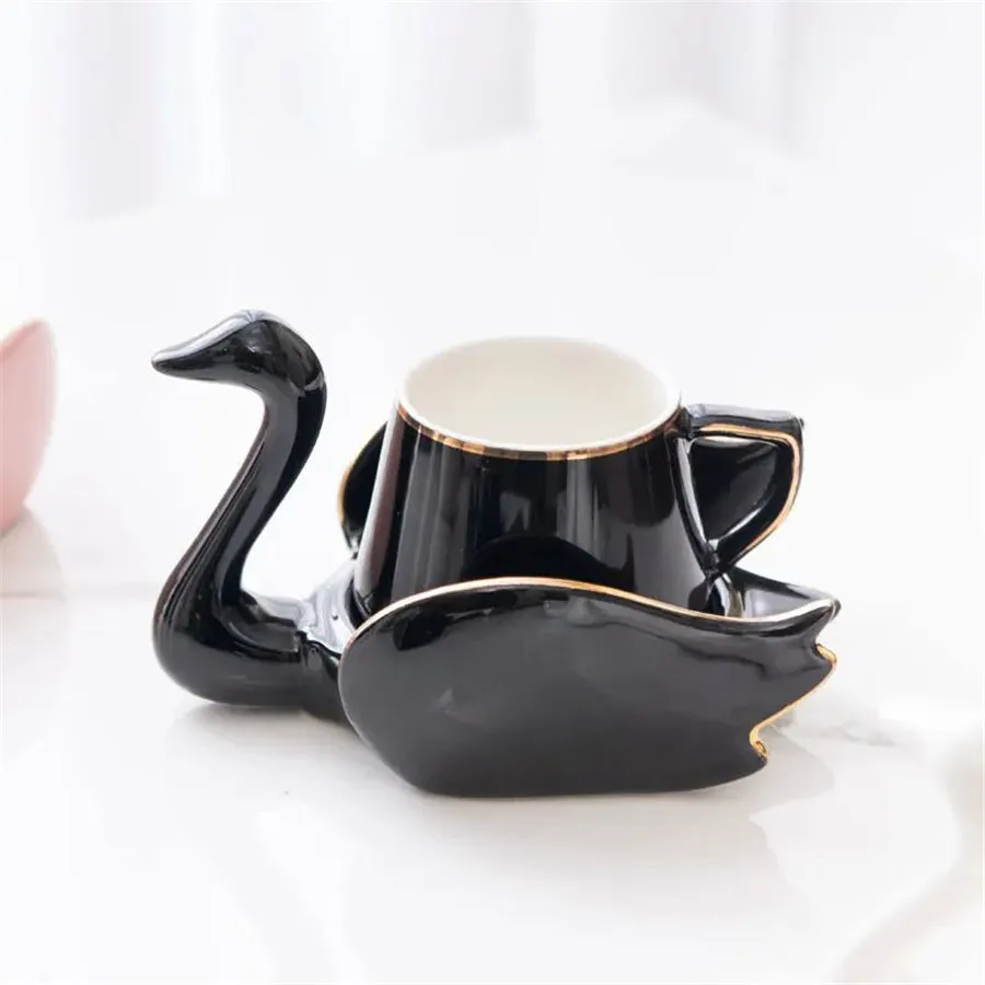 Conjunto De Xícara E Pires Em Formato De Cisne (preto) (1 Peça), Mini Caneca De Cerâmica, 110ml