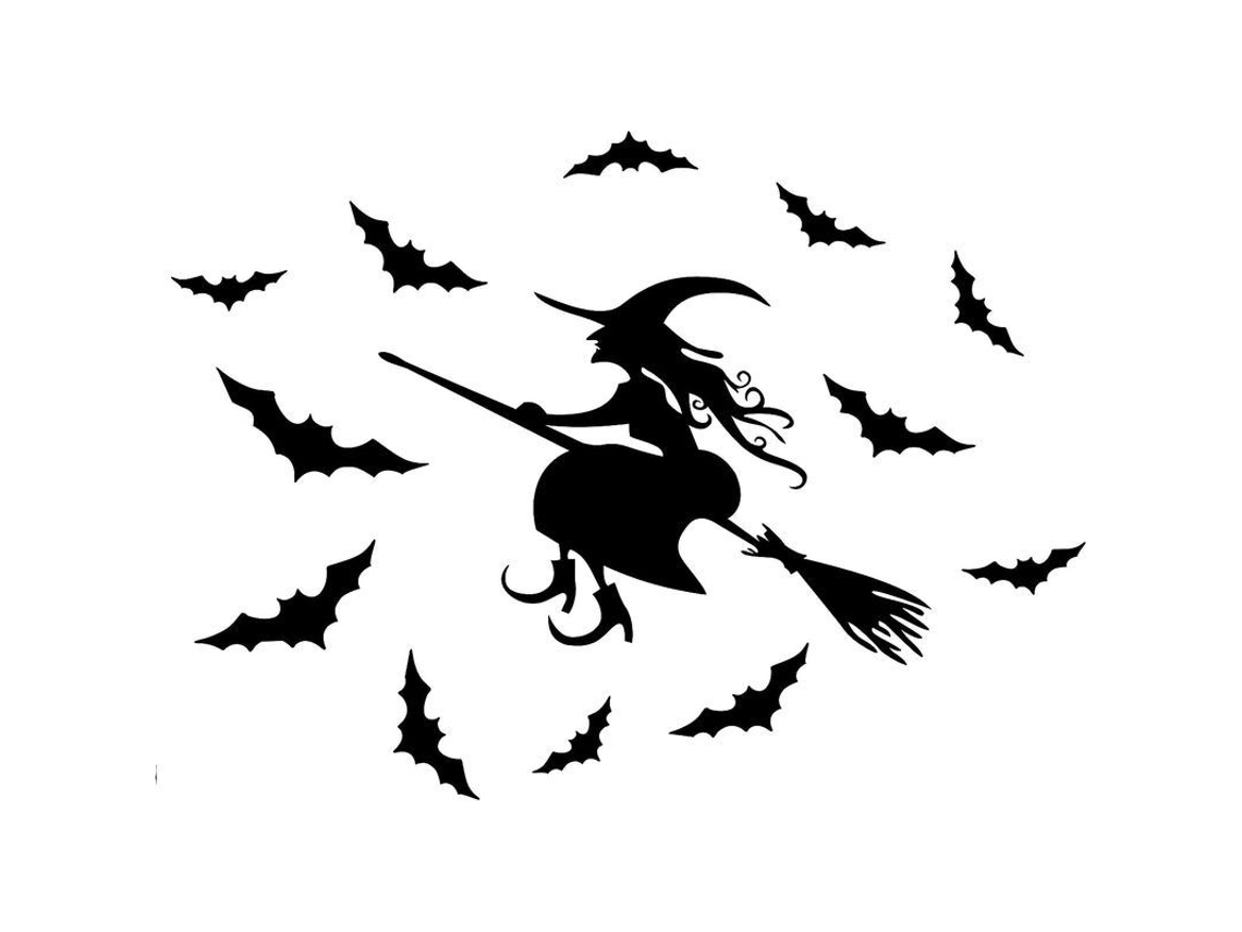 2026-adhesivos De Pared Para Halloween Bruja Y Murciélagos Asustadores Vinilo Removible Arte De Pared 37x57cm Negro
