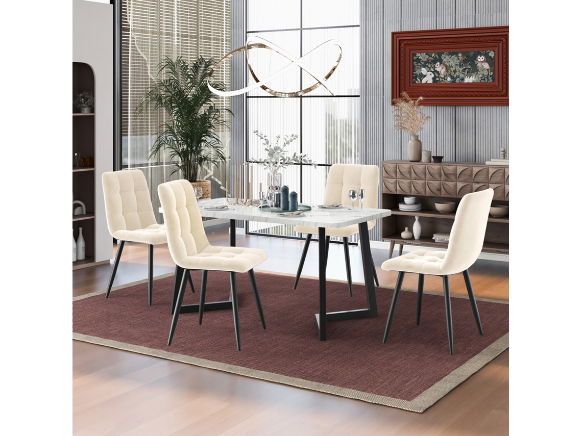 Conjunto Mesa Comedor 117cm - Estilo Moderno, 4 Sillas Beige Terciopelo, Patas Negras