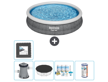 Piscina hinchable redonda Fast Set BESTWAY - Estampado ratán - 366 x 76 cm - Bomba incluida Cubrir - Paquete de mantenimiento - Filtrar - Baldosas