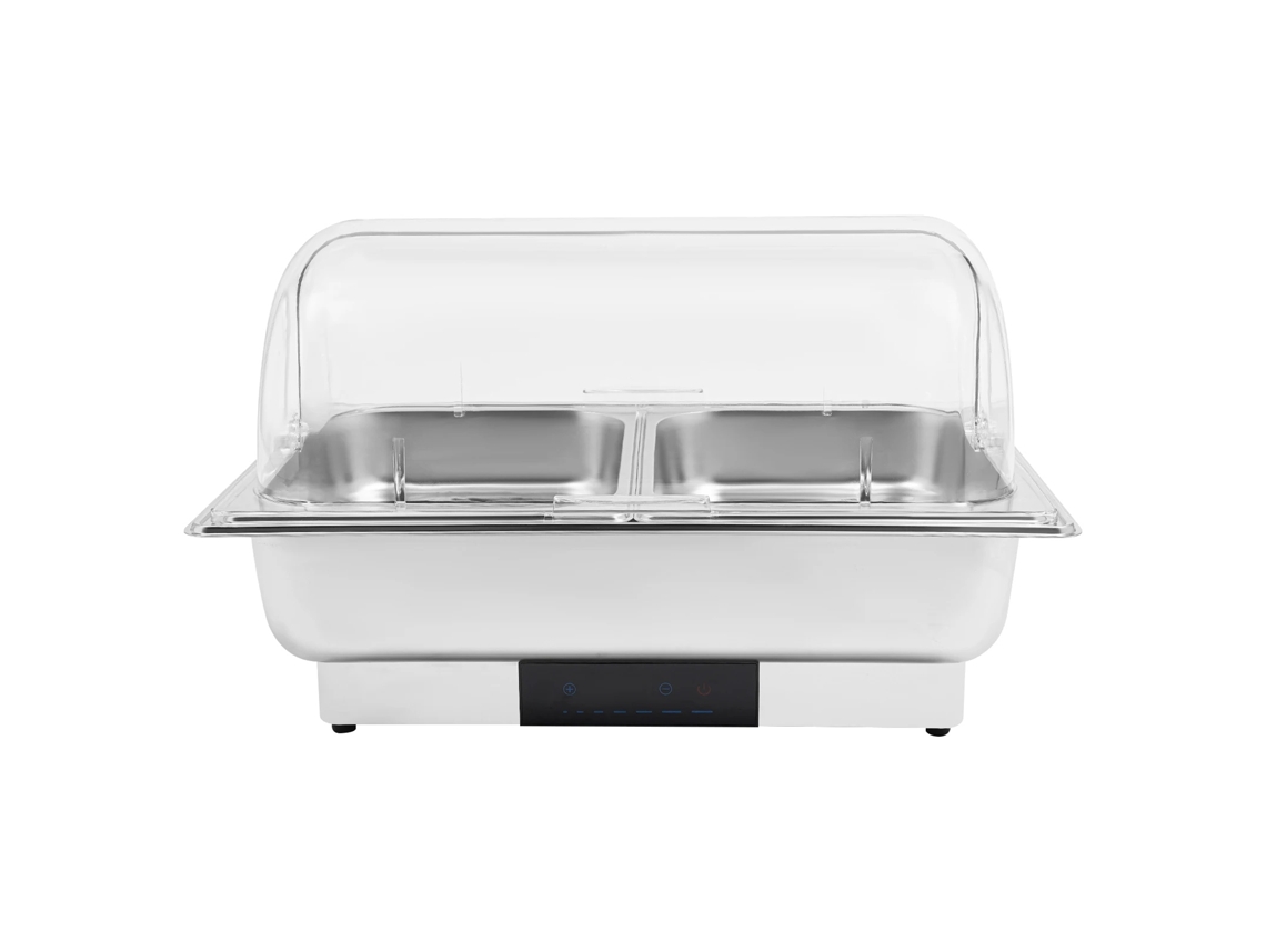 Calentador eléctrico de alimentos, construcción de acero inoxidable, 2 bandejas para alimentos, color plata.