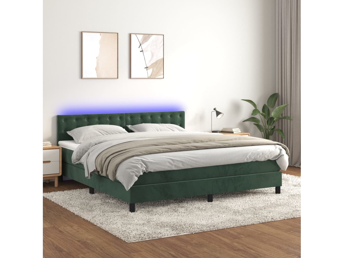 Cama Box Spring Colchón Y Led Terciopelo Verde Oscuro 180x200cm