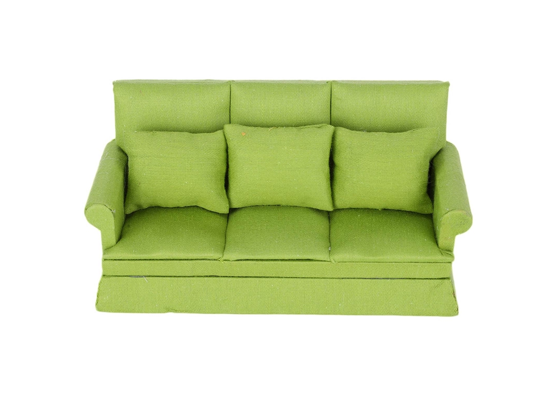 Sofá Mini Para Casa De Muñecas 1:12 Con 3 Almohadas Mueble De Salón Madera Decoración Verde
