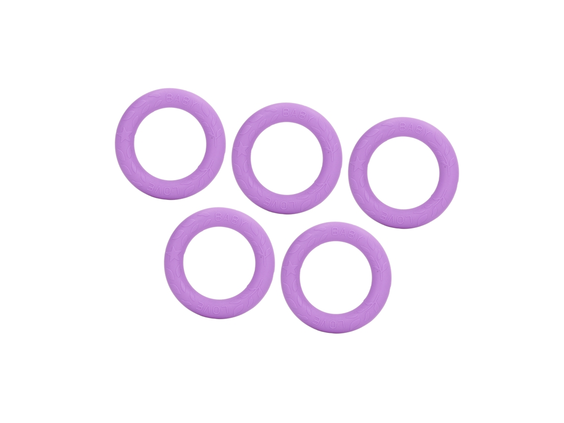 5 Pulseras De Silicona Suave Para La Dentición Del Bebé, Anillo Para Aliviar Las Encías, Tamaño Mediano, Color Morado.