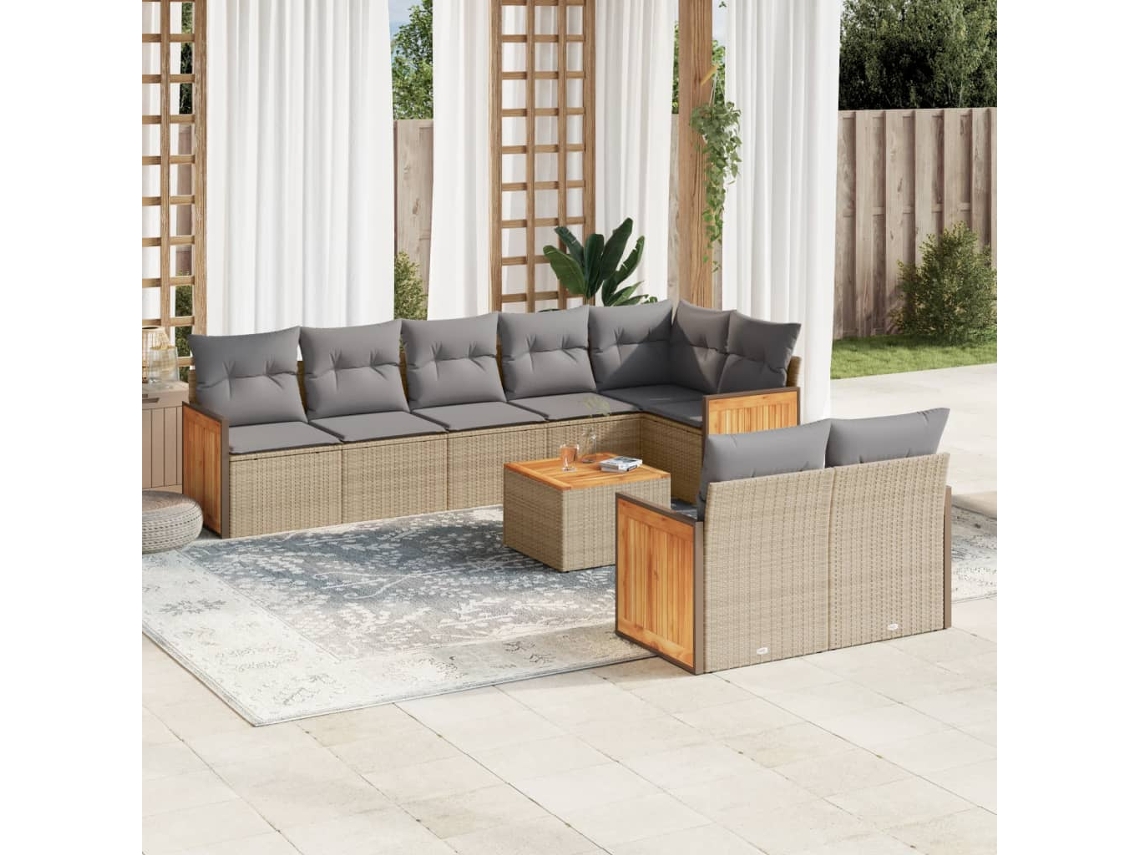 Conjunto de sofá de jardín de 9 piezas con cojines, mimbre sintético beige, Dkd Home Decor