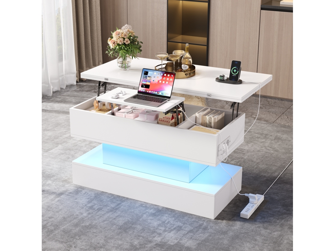 Mesa De Centro 100 X 50 X 51.5cm - Con Enchufe, Usb-c, Led, Elevable, Almacenamiento, Blanca