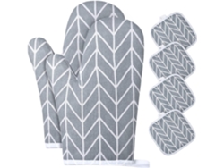 1 par de guantes y 4 mangos - Algodón antideslizante - Lavable - Hasta 180 °C - 6 piezas grises