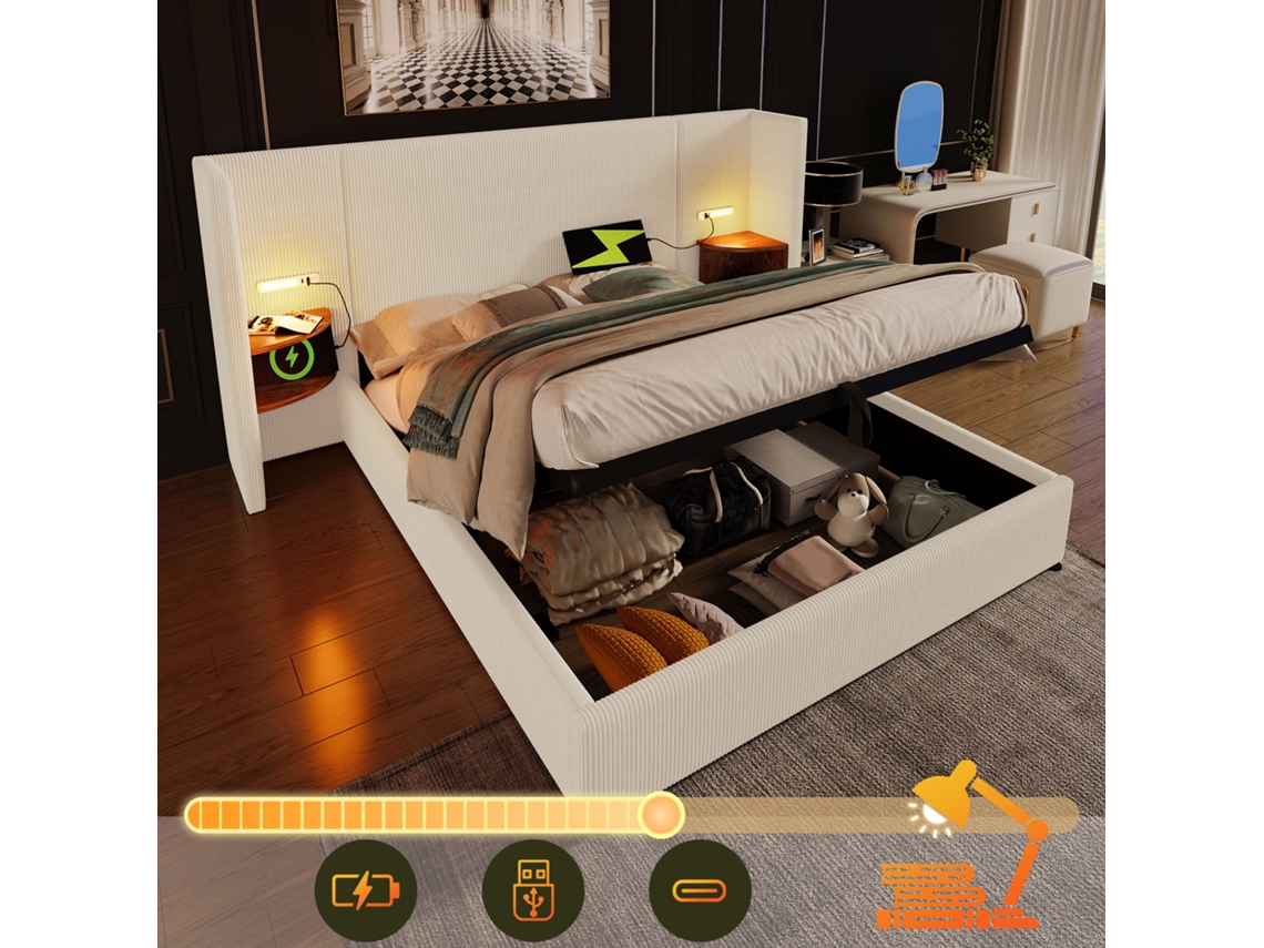 Cama Color Crema (160x200 Cm) Con Mesa Y Puerto Usb-c.