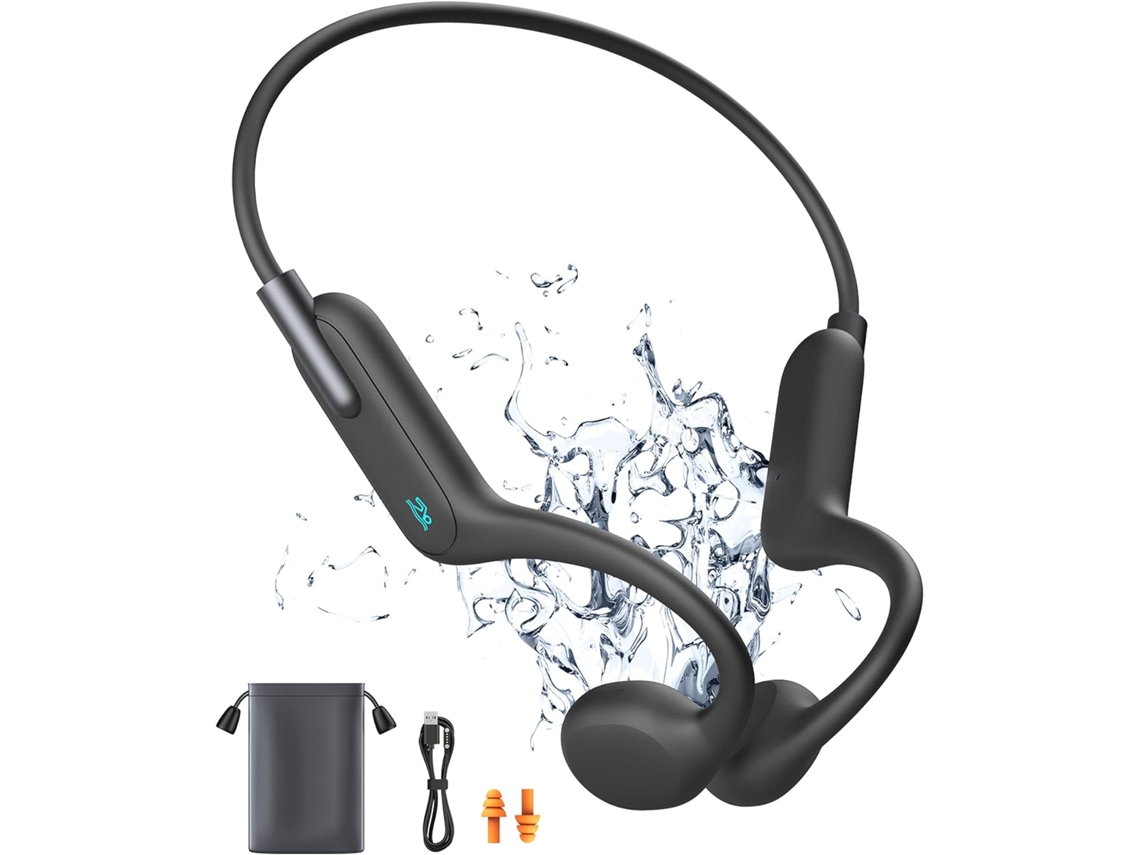 Auriculares de conducción ósea, resistentes al agua, Bluetooth 5.3 IPX8, con 32 GB de memoria integrada y micrófono, color negro.