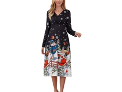 KKPM - Vestido navideño grande para mujer con estampado, escote en V, mangas anchas y diseño que estiliza la cintura, talla L
