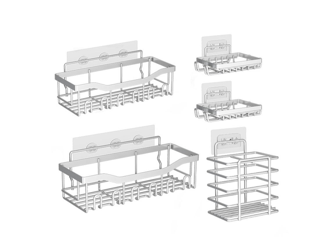 Juego de 5 estantes de pared para cocina, organizador de baño que ahorra espacio, no requiere perforación, para champú y jabones.
