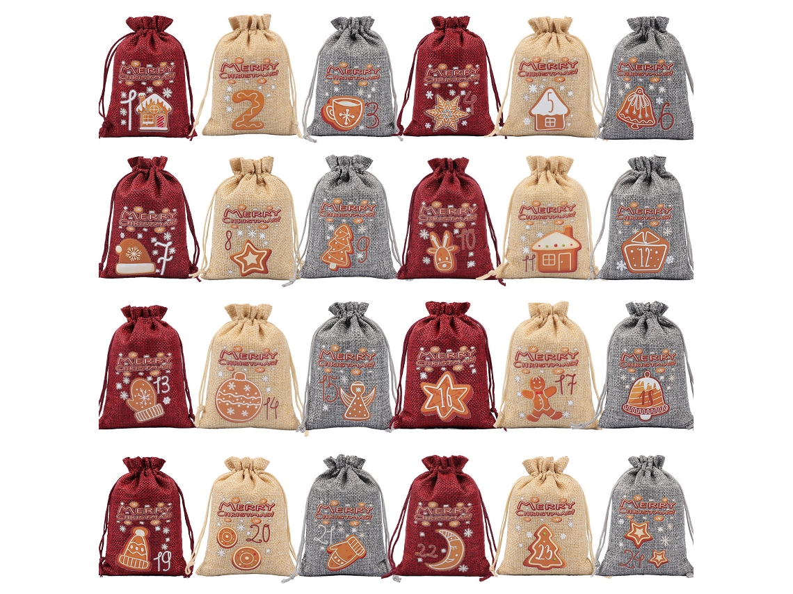 24 bolsas navideñas de yute con cordón, 5,5 x 4 pulgadas (01)