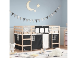 Cama Alta Niños Con Cortinas Madera Pino Blanco Negro 90x190 Cm