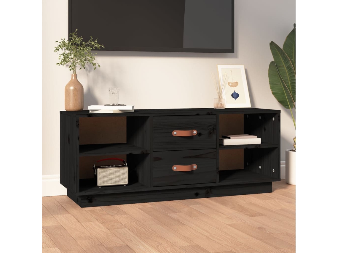 Mueble Tv 100 x 34 x 40 cm Madera de Pino Macizo Negro-Derivados