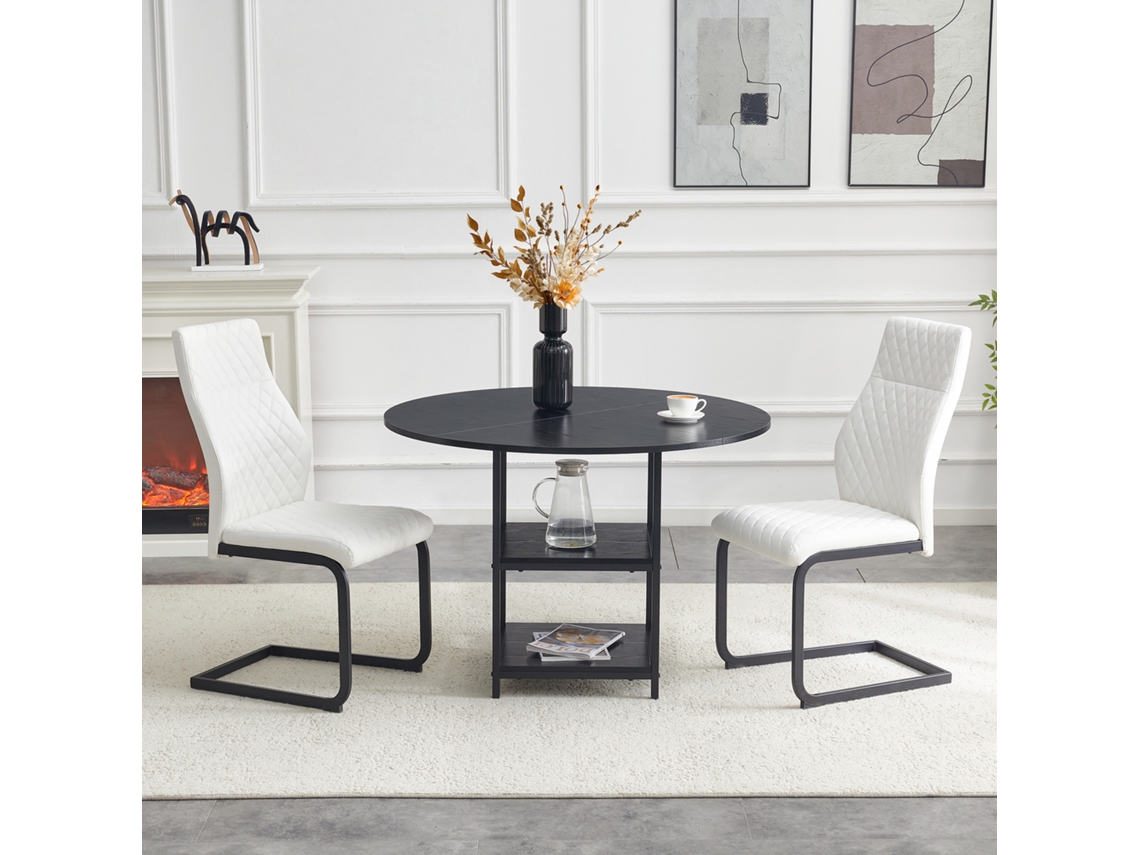 Juego De Mesa Redonda (107 Cm), 2 Niveles, 2 Sillas Blancas Con Forma De Diamante, Mdf, Metal.