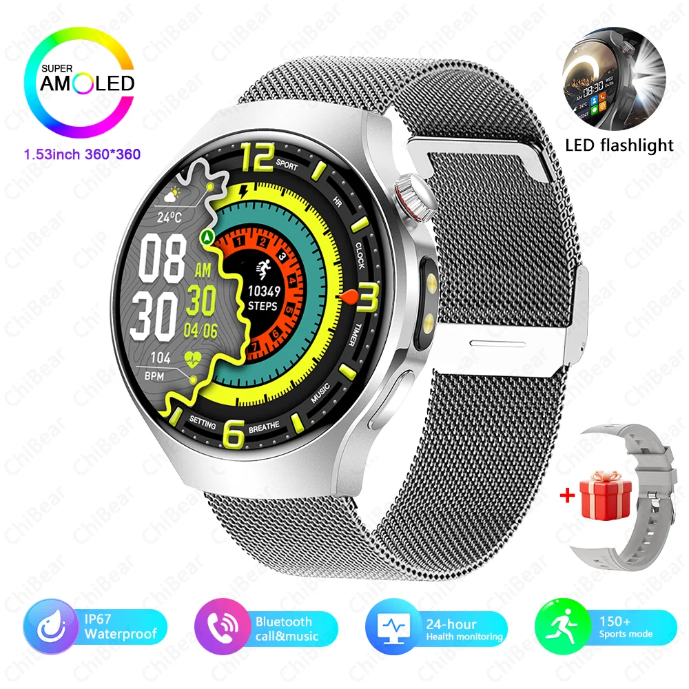 Smartwatch com Gps, À Prova D'água, Funções Esportivas e de Fitness, Lanterna e Chamadas Bluetooth. MDUG (pulseira de Malha Prateada)