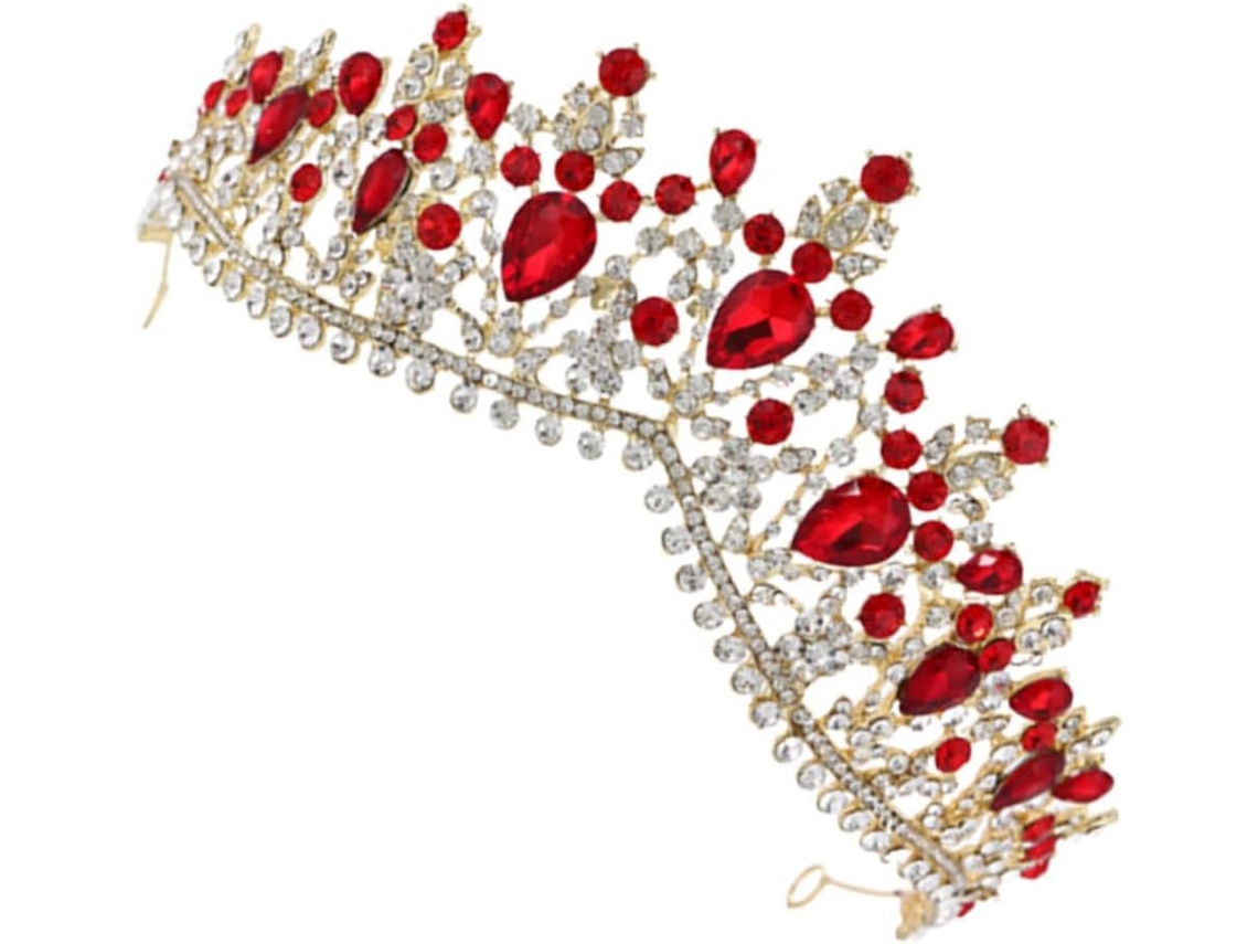 Gran Corona Nupcial Dorada Con Cristales Rojos - Elegante Accesorio Para El Cabello De Boda