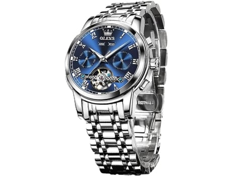 VEANXIN Reloj luminoso resistente al agua con calendario doble Tourbillon mecánico automático para hombre(azul plateado)