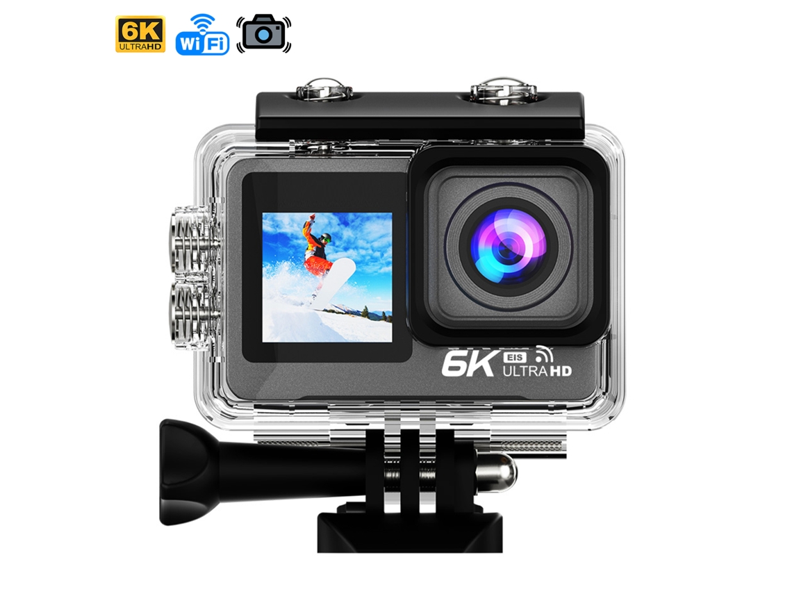Cámara deportiva M82 TR 6K 30fps con 47.5 MP, pantalla dual de 2'' y 1.3'', estabilizador de imagen, varios accesorios y Wi-Fi.