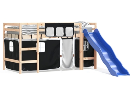 Cama alta niños VIDAXL con cortinas madera pino blanco negro (80x200cm)