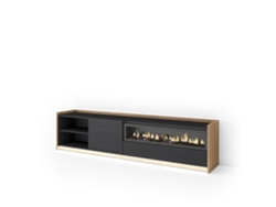 Mueble para TV, 207x37x50cm, para televisores de hasta 80'', chimenea eléctrica, LED, negro y roble.
