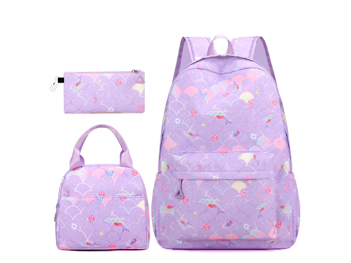 Mochila escolar de tres piezas para niñas, diseño de sirena morada