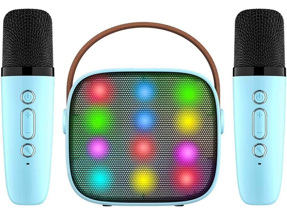 Mini Sistema De Karaoke Con 2 Micrófonos, Para Niños Y Adultos, 18 Canciones Precargadas, Bluetooth, Portátil, Azul.