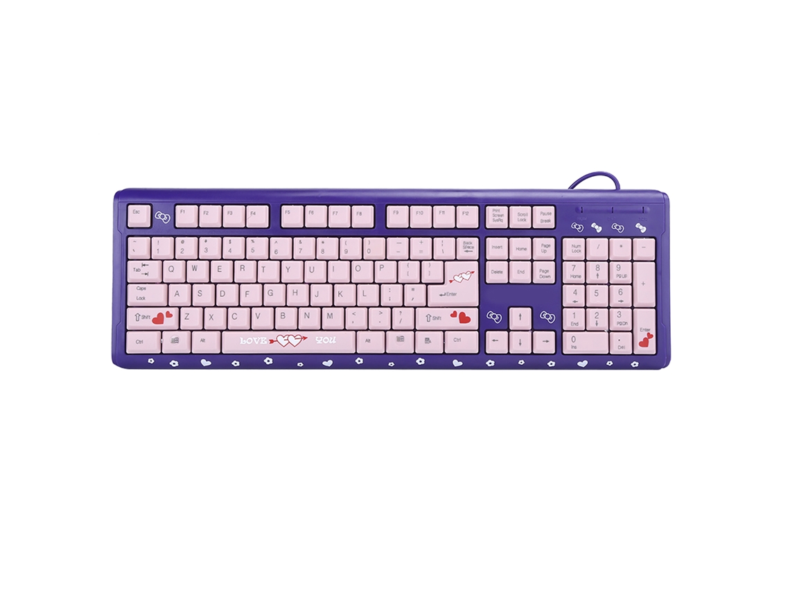 Teclado USB con cable, ultrafino y silencioso, en color morado y rosa.