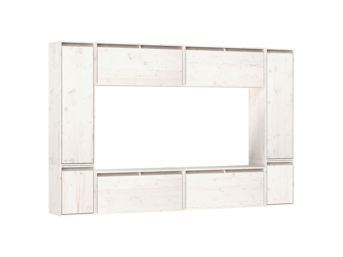 Mueble de TV de 8 piezas, madera maciza de pino, blanco, EXCLUSIVO DE LA CASA