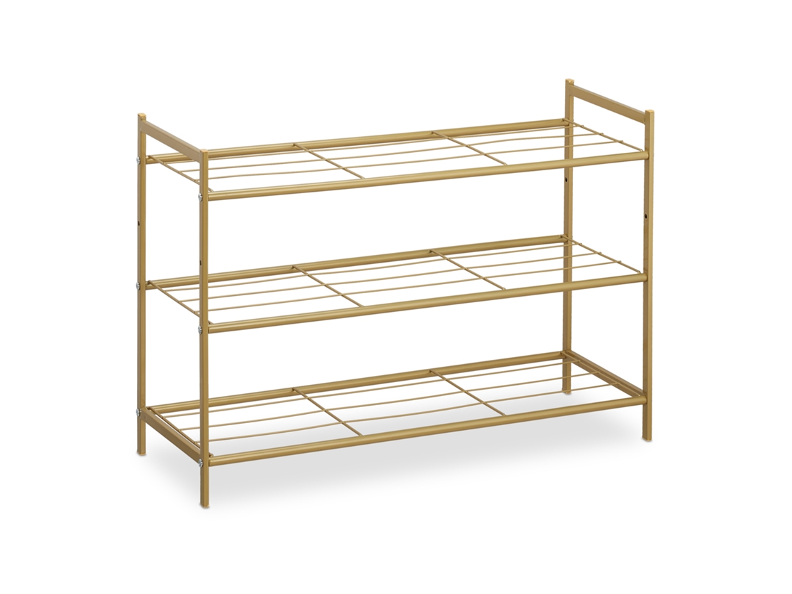 Relaxdays Zapatero Extensible Metal, Mueble Organizador Zapato, 3 Baldas, 9 Pares, Pasillo, Entrada, 50x70x26 Cm, Dorado