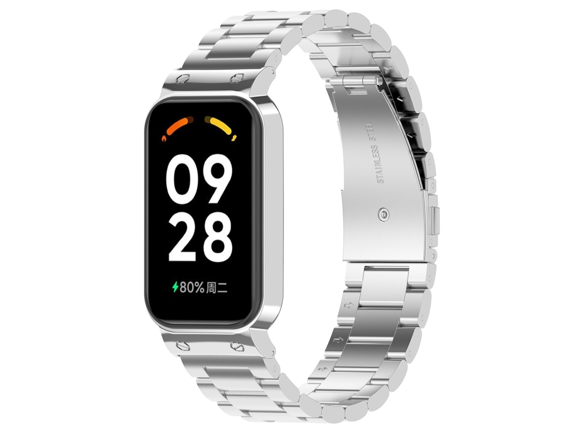 Bracelete de Smartwatch para Xiaomi Smart Band 8 Active três contas de aço inoxidável + estrutura de metal de relógio (prata)