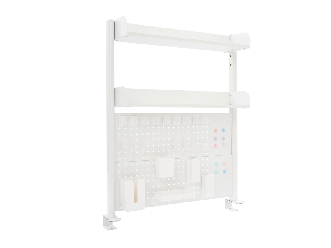 Organizador de escritorio, diseño con clip, estética moderna, blanco.