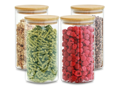 Juego de 4 tarros de especias de cristal, tarro de especias de cristal de 1300 ml con tapa de bambú, tarro de especias apilable, caja de almacenami...