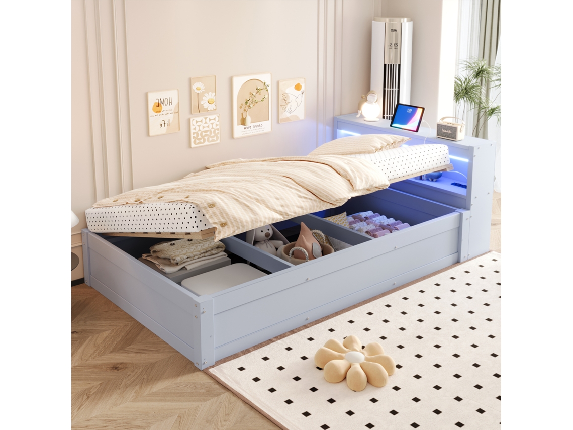 Sofá cama 90x200 cm - enchufe EU, almacenaje, LED multicolor, hidráulico, cama multifuncional, madera maciza - gris