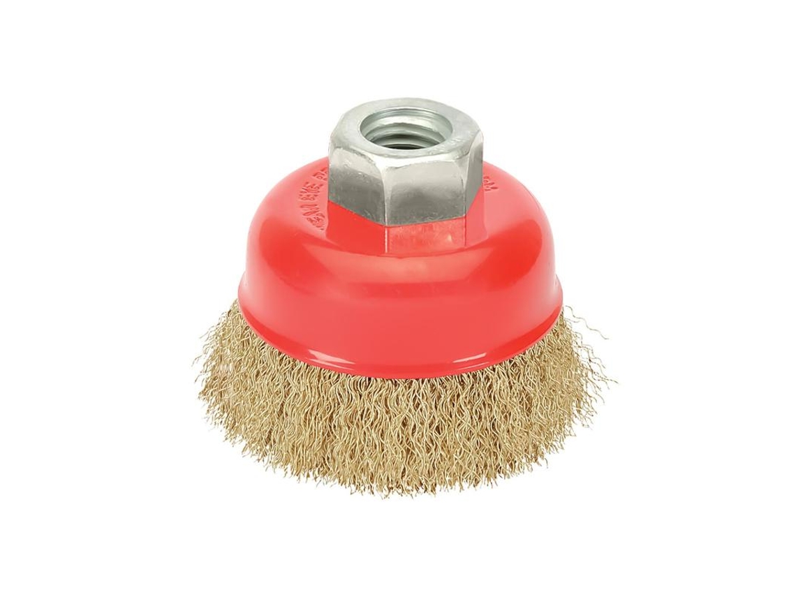 Cepillo Taza Con Alambre de Acero Latonado Rosca M14. Ø 65 mm Alambre de Ø 0.30 mm WOLFPACK LINEA PROFESIONAL