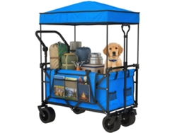 Carrito de jardín plegable con ruedas grandes, asa con bloqueo, manillar ajustable, portavasos, 125x59x133 cm, azul