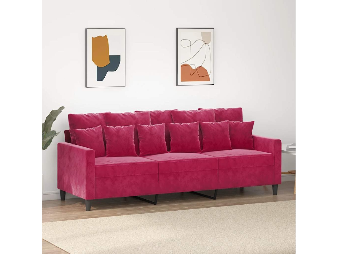 Sofá De 3 Plazas | Sofá De Salón | Sofá De Descanso De Terciopelo Rojo Tinto 180 Cm
