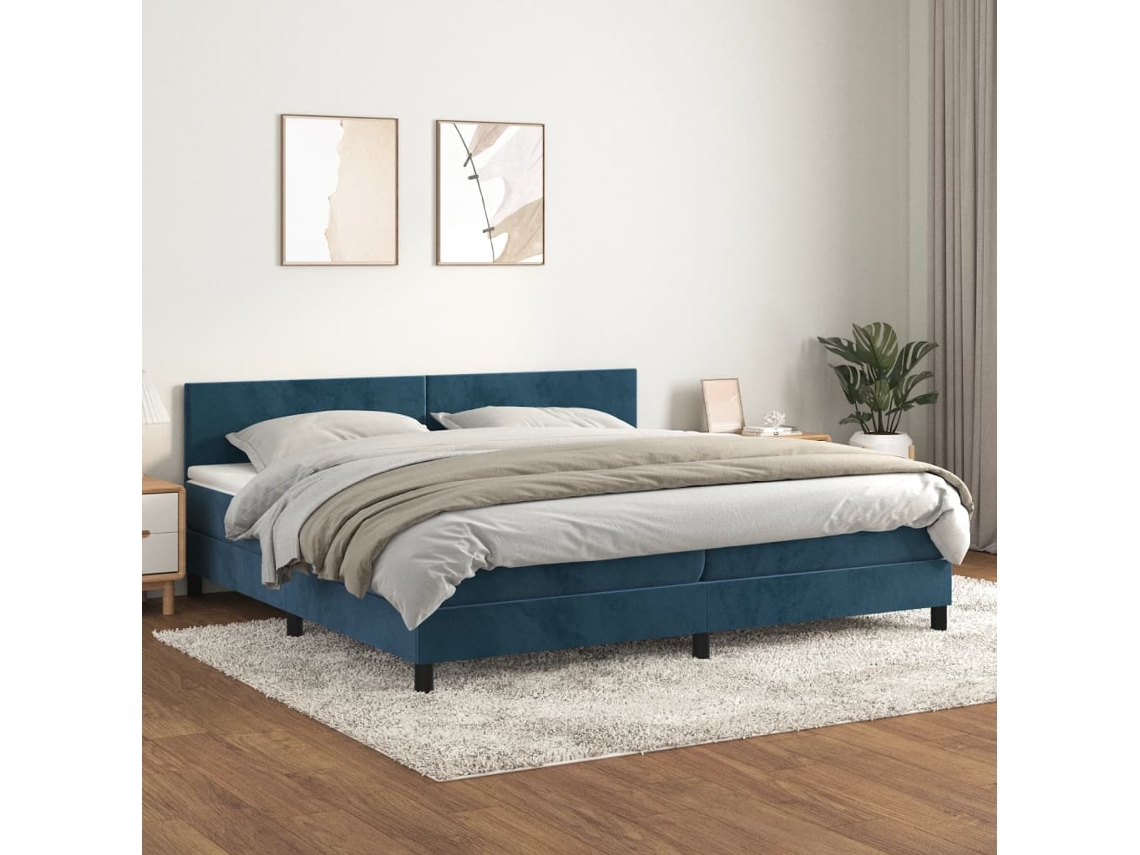 Cama Box Spring Con Colchón Terciopelo Azul Oscuro 200x200 Cm