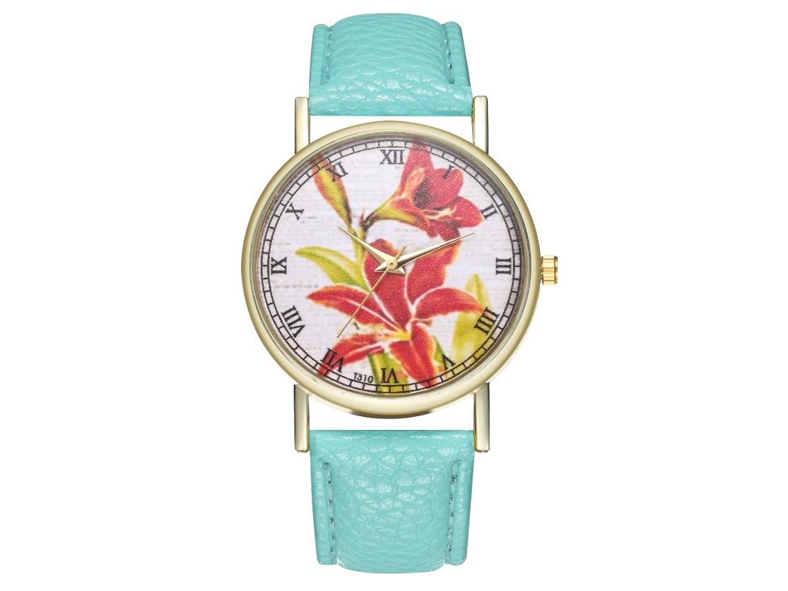 Reloj De Pulsera Para Mujer Con Estampado Floral Y Correa De Poliuretano Verde Menta: Moderno Y Elegante.