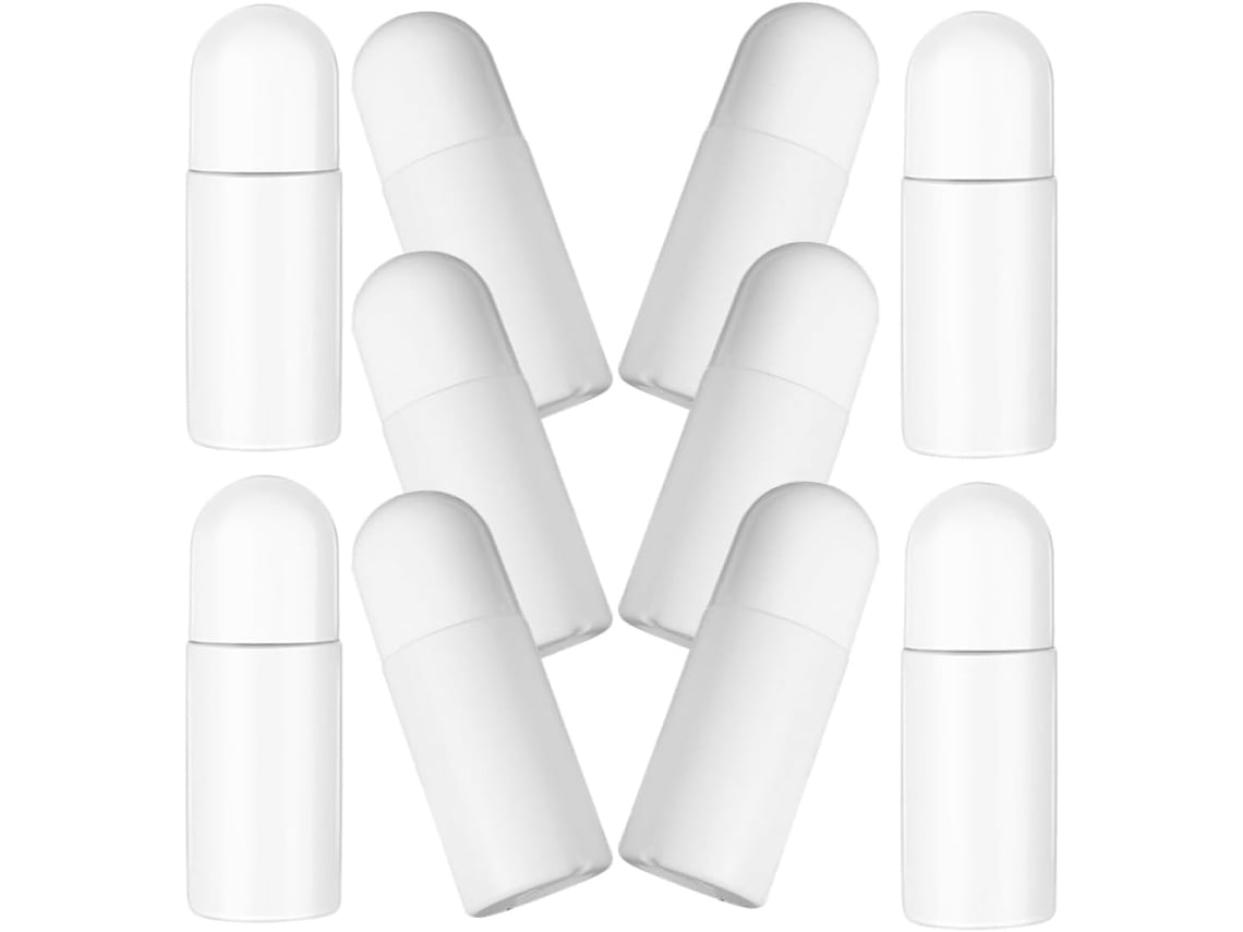 Frascos Roll-on 30ml, Pacote Com 10, Plástico Branco, Tampa Antivazamento, Recarregáveis