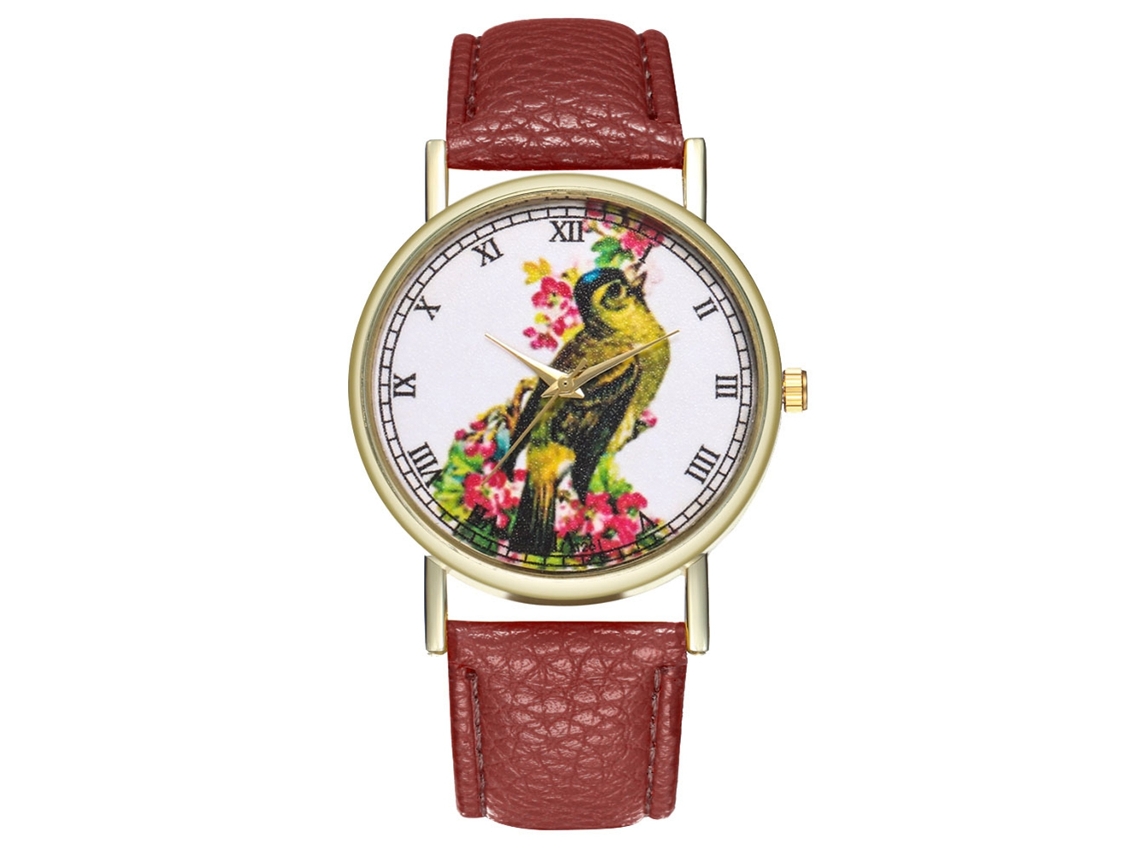 Reloj De Pulsera Zhoulianfa Para Mujer Con Estampado De Pájaros, Esfera Redonda, Movimiento De Cuarzo Analógico, Color Café.