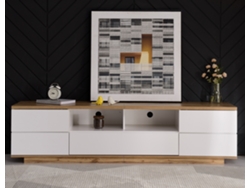 Mueble De Tv Moderno Con Bloques De Color En Blanco, Mueble De Tv Con Acabado Veta De Madera, 180 Cm