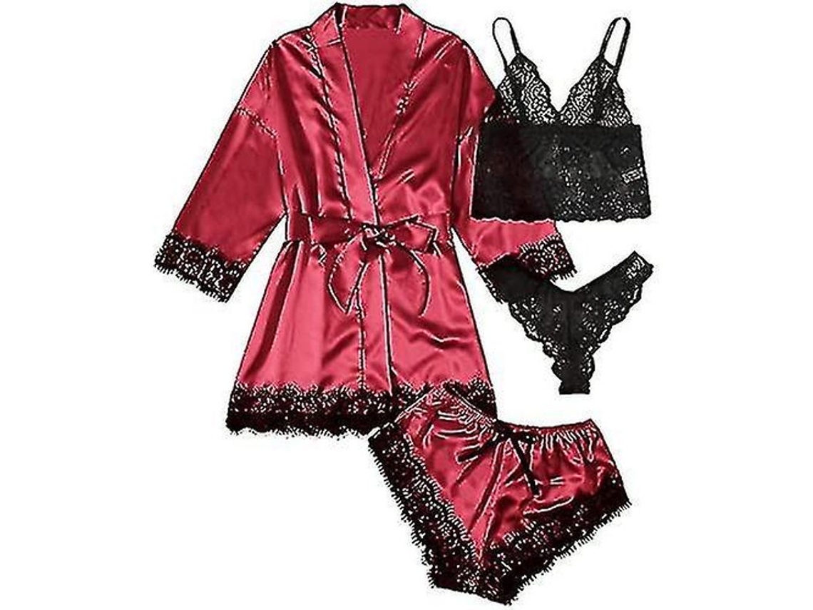 Conjunto de pijama de seda 2026 con encaje floral, 4 piezas para mujer, incluye camisón y vestido.
