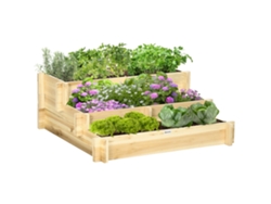 Macetero elevado de 3 niveles con escalera para el cultivo de plantas y flores, 93x93x35 cm, Natural