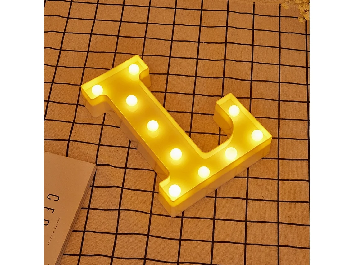 Letra LED L Iluminada con Luz Blanca Cálida, Altura 22cm, Funcionamiento a Pilas 2*AA