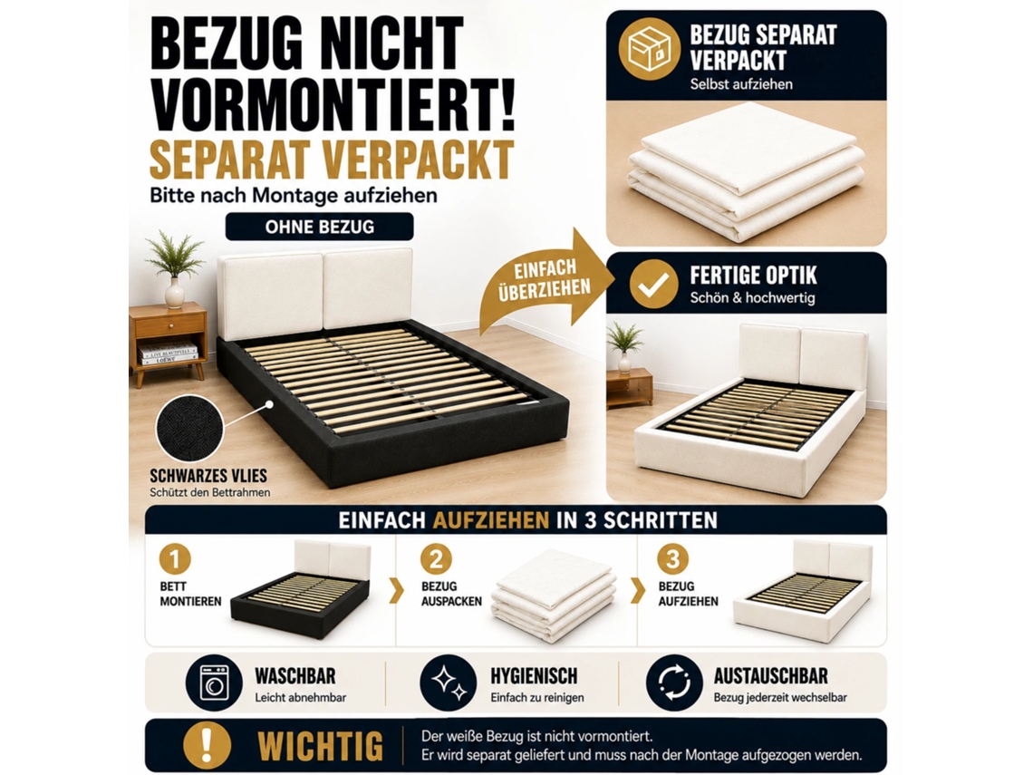 Cama Tapizada Doble 180 X 200 Cm - Cama Funcional Hidráulica Con Somier De Láminas Y Cabecero Acolchado De Bouclé - Beige
