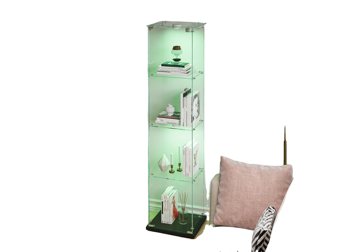 Vitrina expositora, diseño transparente, iluminación ambiental, lámpara A1 negra