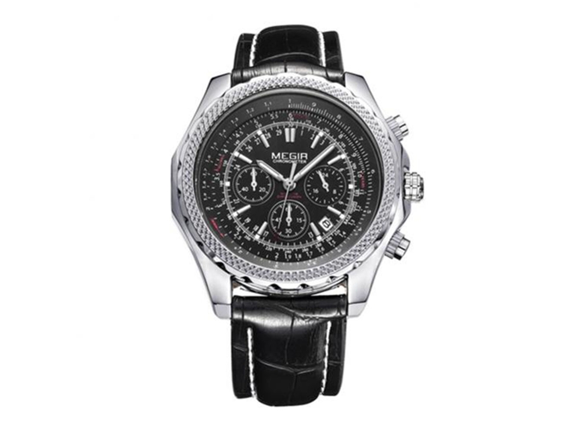 Reloj De Pulsera Para Hombre Megir De Acero Inoxidable Impermeable Cuero Pu Negro
