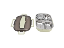 Fiambrera Infantil Portátil De Acero Inoxidable 304, 1,3 L, Con 4 Compartimentos Y Utensilios Verdes.